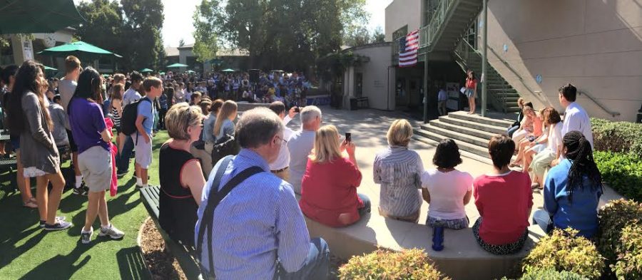 Menlo students listen to junior Monica Juan sing America, The Beautiful