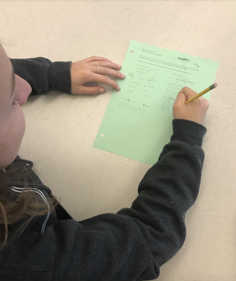 Sophomore Claire Ehrig reviews a math quiz. Staff Photo: Stella El-Fishawy