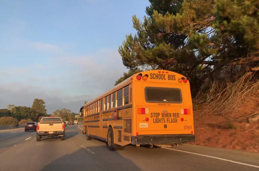 The Los Altos and Cupertino bus drives students to school on the I-280 highway at 7:50 in the morning. Staff Photo: Shefali Sahai. 