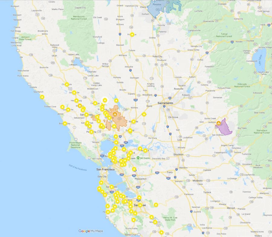 In this map, the yellow dots represent cities affected by the power outage. The blue shaded area represents the Camp Fire in 2018, the purple shaded area represents the Sacramento Fire in 2015, and the orange shaded area represents the Napa fires in 2017. Map Illustration: Sophia Artandi using Google Maps.
