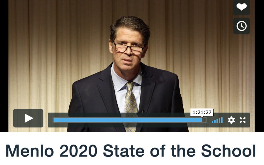 Head of School Than Healy delivers the 2020 State of the School speech through a video on Vimeo instead of the normal speech delivered in Martin Hall. Screengrab: Menlo School.