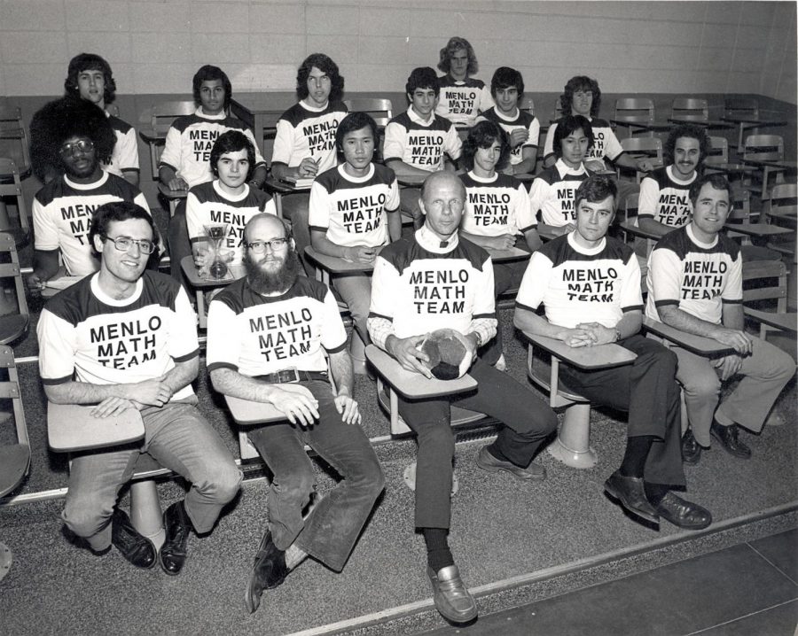 Thibodeaux (front left) and the Menlo Math Team pose for a photo in 1978. This photo was taken before the College and Upper School split, and the problem-solving team featured both high school and college students. Photo courtesy of Menlo School.