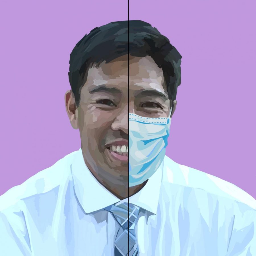 A portrait of Dr. David Chang. The San Mateo County Public Health Department, where Chang is an assistant health officer, has been largely focusing on the impact that their decisions regarding the coronavirus pandemic have on at-risk health populations and health disparities. Staff illustration: Grace Tang.