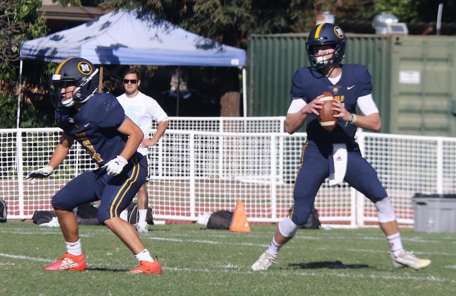 The football team plays in a game during the 2019 season, before the COVID-19 pandemic forced athletics to temporarily shut down. Some Menlo sports teams have now started reopening with new social distancing measures in place. Photo courtesy of Pam Tso McKenney.