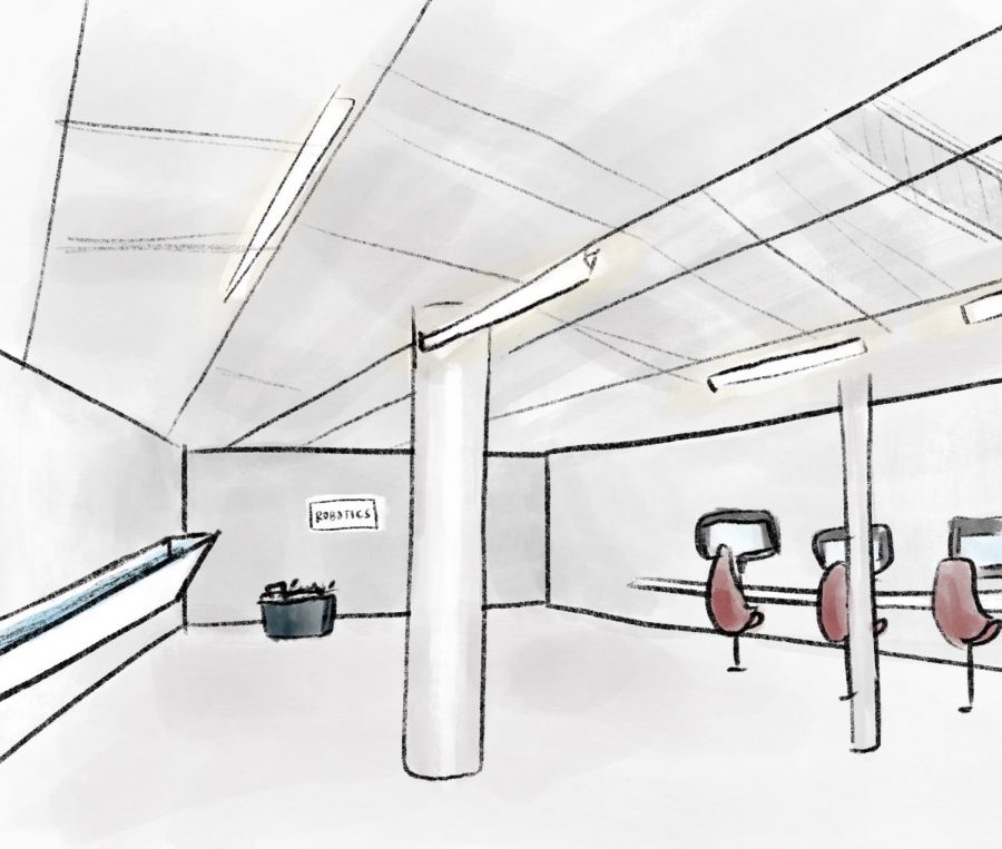 A rough sketch of what the new space in Whitaker Lab will partially look like. The water trough is drawn on the left, the robotics space is in the back and the counter along the wall is on the right. Staff illustration: Mallika Tatavarti.