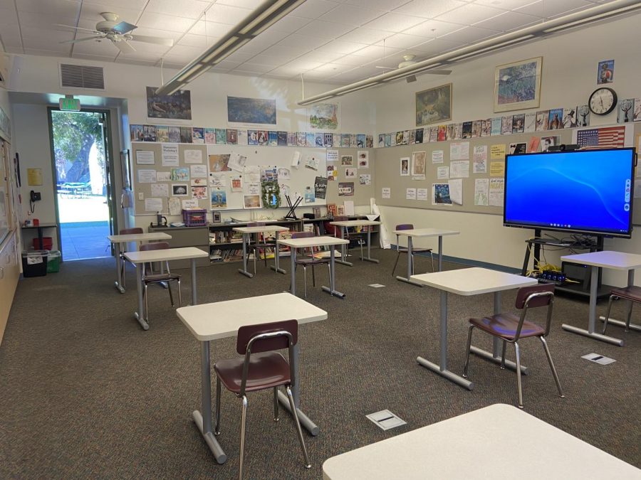 Menlo plans to reopen with a limited hybrid model starting Oct. 16. The school has equipped classrooms with new technology to enhance virtual classes, as well as reconfigured classrooms to accommodate more social distancing. Staff photo: Alex Levitt.