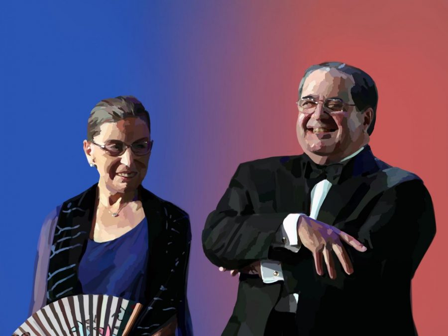 Justices Scalia and Ginsburg maintained a close friendship despite having opposing political views. Americans today should follow their example and embrace friendships with those they disagree with. Staff illustration: Grace Tang.