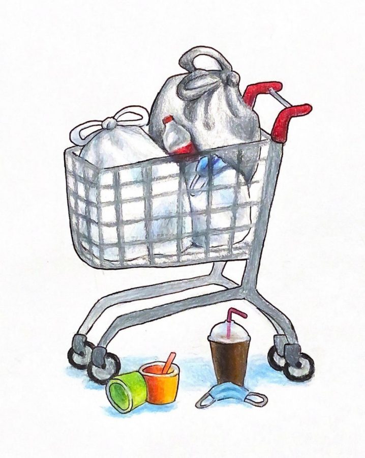 During the coronavirus pandemic, plastic use has increased, and many bans on single-use-plastics have been temporarily repealed. Illustration courtesy of Marissa Li.