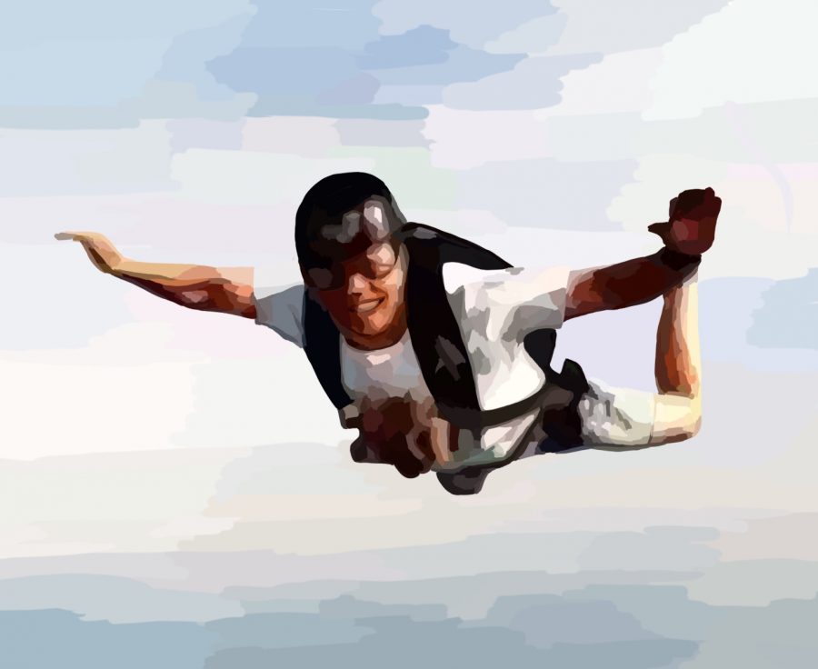 Kiang skydives as a hobby. To read more about Kiangs skydiving adventures, see the last page of the December 2020 Coat of Arms print edition, titled Experiencing Freefall, at our Print Archives page. Staff illustration: Grace Tang.