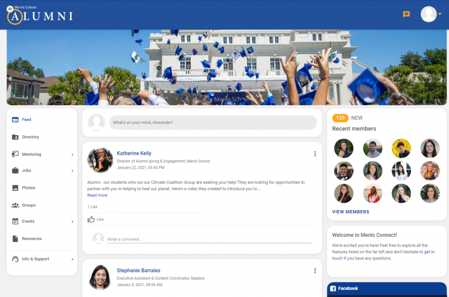 Menlo Connect, a new platform created by Director of Alumni Katherine Kelly and the Alumni Executive Committee, is available to members of the Menlo community for networking, connections and mentorship opportunities. Screengrab: https://menloconnect.com/.