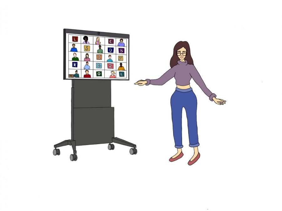 Menlo teachers now use 65-inch monitors to display students on Zoom to the students in the classroom during hybrid learning. The Zoom carts have become a staple in Menlo classrooms, and many teachers plan to continue using them in the future. Staff illustration: Dorinda Xiao.