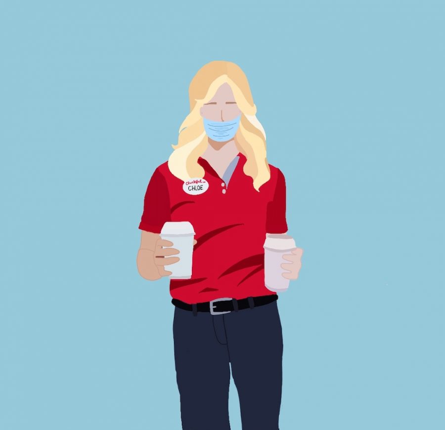 During the pandemic, sophomore Chloe Appel started working at Chick-fil-A as her first job ever. Staff illustration: Sophie Fang.