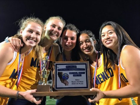 Menlo alumin Lauren Hamilton (‘19), Kyra Petre (‘20), Charlotte Tomkinson (‘20), Michelle Louie (‘20) and Alexandra Chan (‘19) smile for the camera after winning the 2019 Girls CCS Track Championships. Photo courtesy of Jorge Chen.