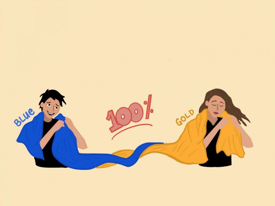 Many teachers are excited to welcome all of the student body onto campus. Previously, students attended school virtually or in person with their Blue and Gold cohorts. Staff illustration: Sophie Fang.