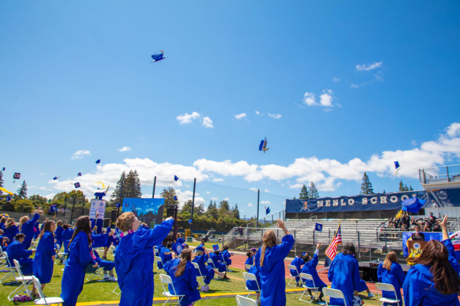 Menlo class of 2021 throws up their graduation caps at Commencement Day held on June 9, 2021. Photo courtesy of Menlo School. 