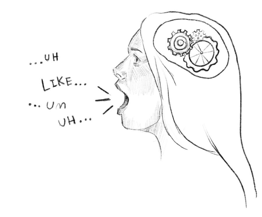 Evaluating when and why I use filler words allowed me to realize that when I say the words “like”, “um”, etc. I am not thinking these words, the gears in my head are turning as I am forming my next thoughts. Staff Illustration: Dorinda Xiao.