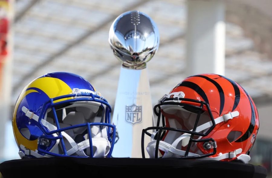 The helmets of the opposing teams and the Lombardi Trophy. Creative Commons photo: Robert Carr on Getty Images.