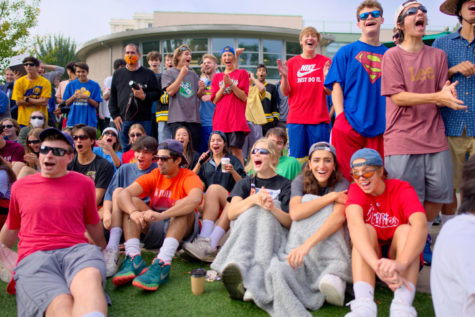 Members of the Class of 2022 cheer during last year’s Halloween assembly, dressed together on the quad in Adam Sandler-inspired outfits. Photo courtesy of Cyrus Lowe