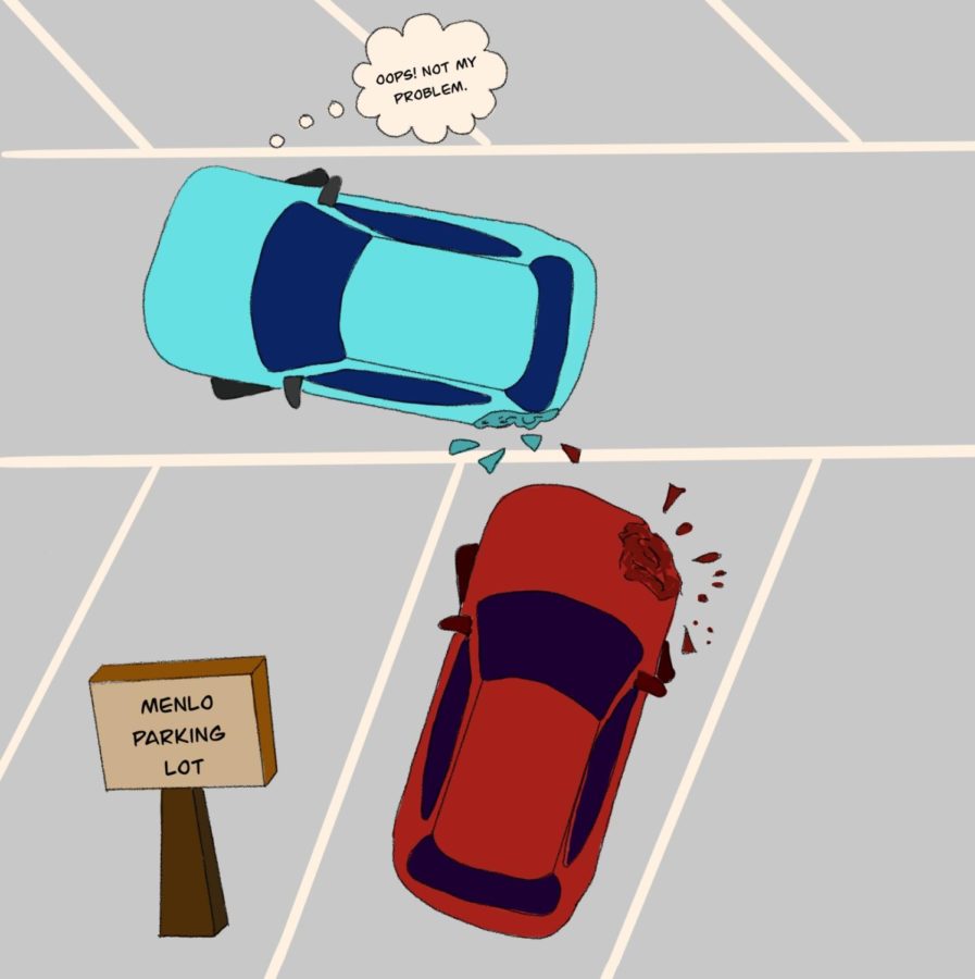 The student parking lot has been a source of frustration among students because the lot consistently fills up as the year progresses and more students get their license. Given the packed conditions and new drivers, a number of minor accidents occur each year. Staff illustration: Dorinda Xiao
