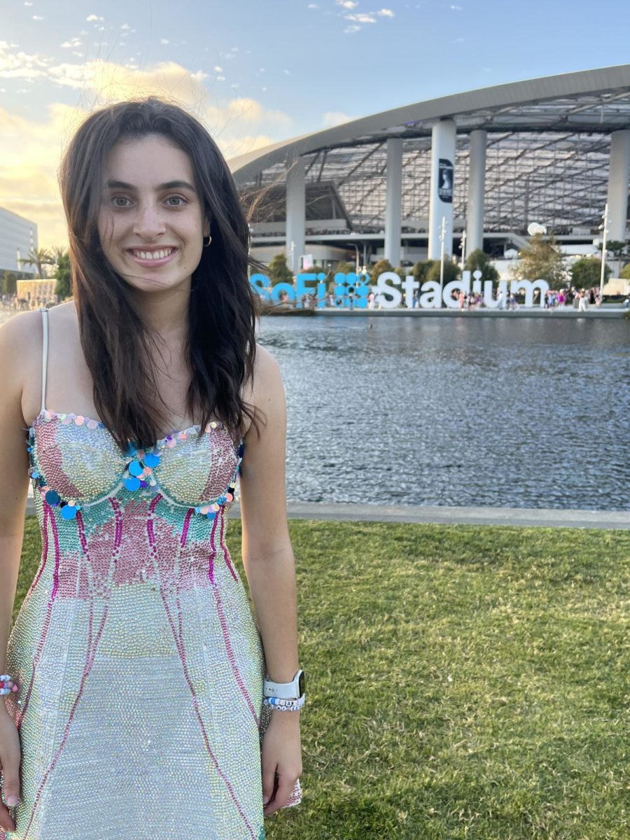 Kate Little outside of SoFi Stadium in her homemade Lover-inspired outfit for the final night of the Eras Tour. Photo courtesy of Little