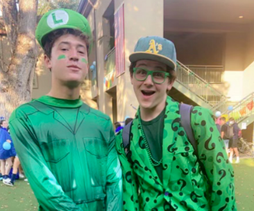 Menlo junior Jackson Coleman (left) and former Menlo student Tyler Rattner (right), then freshmen, show up to campus decked in green from head to toe. “It’s fun to come together and dress up with your friends during the holiday, even if you don’t have a personal connection to it,” Coleman said.