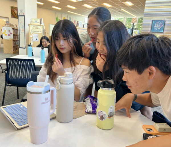 From left to right: Freshmen Annabel Zhao, Emily Li, Zoe Chuang and Kai Chung collaborate at the communal tables at the library.