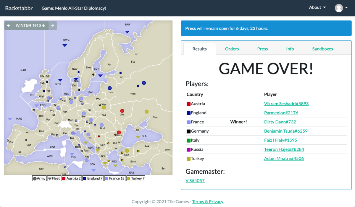 The results of an online Diplomacy game after Adam Mhatre ('22) and Applied Science and Engineering Teacher James Dann formed an alliance and conquered Europe. Screenshot courtesy of Dann.