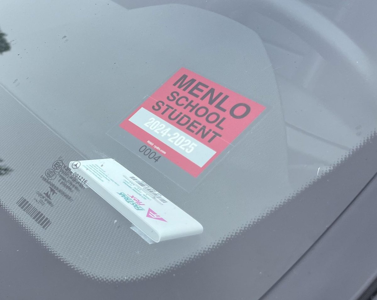 A 2024-25 Menlo parking permit on a car in the student parking lot.