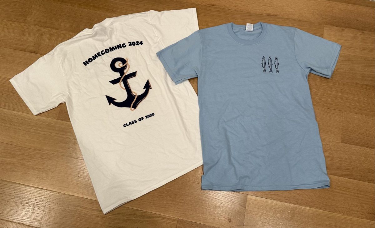 This year’s Homecoming T-shirts for freshmen (left) and juniors (right) showcase their grade-level themes: sailors and sardines, respectively.