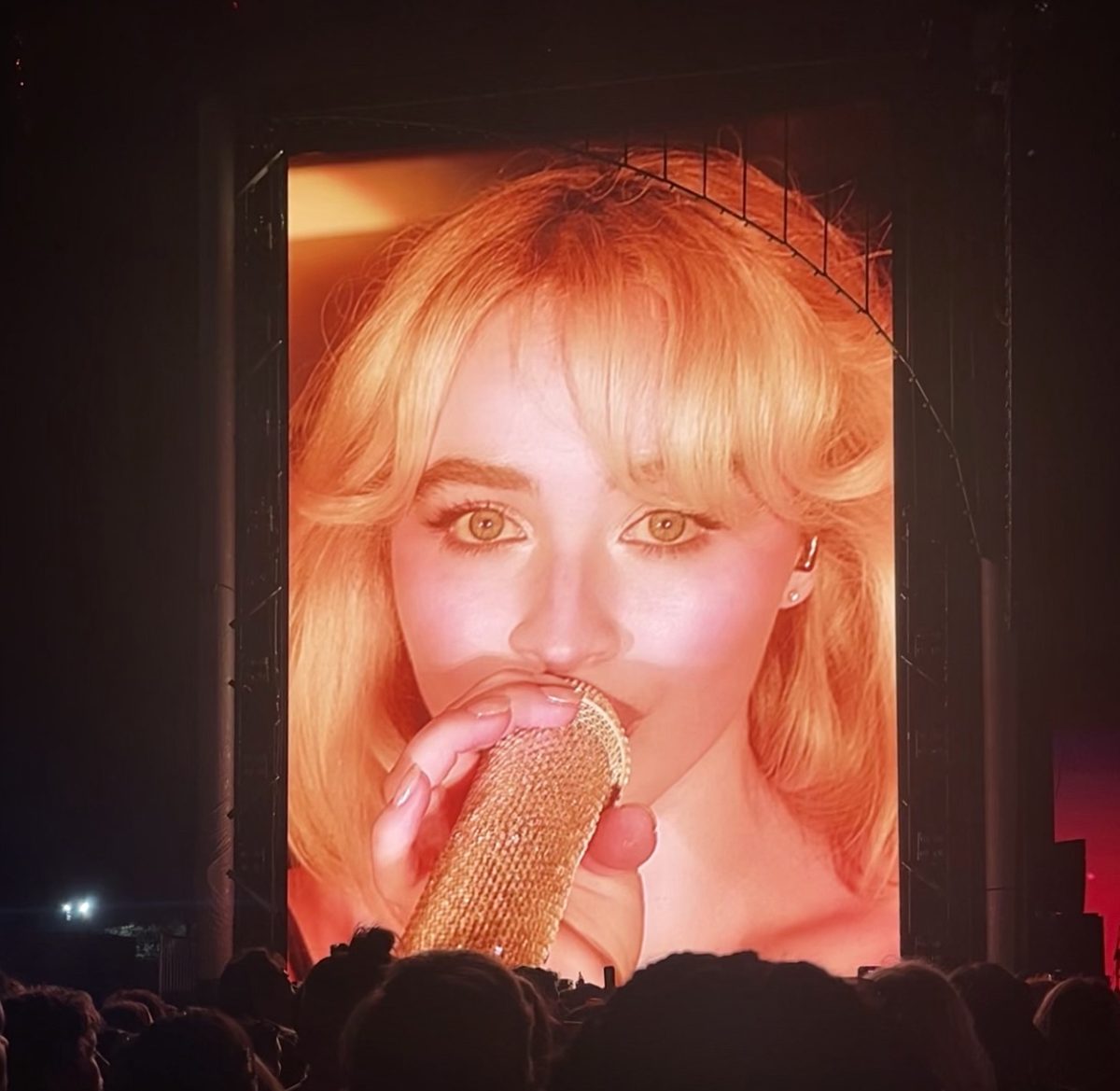 Carpenter is seen performing on the Jumbotron at music festival Outside Lands.