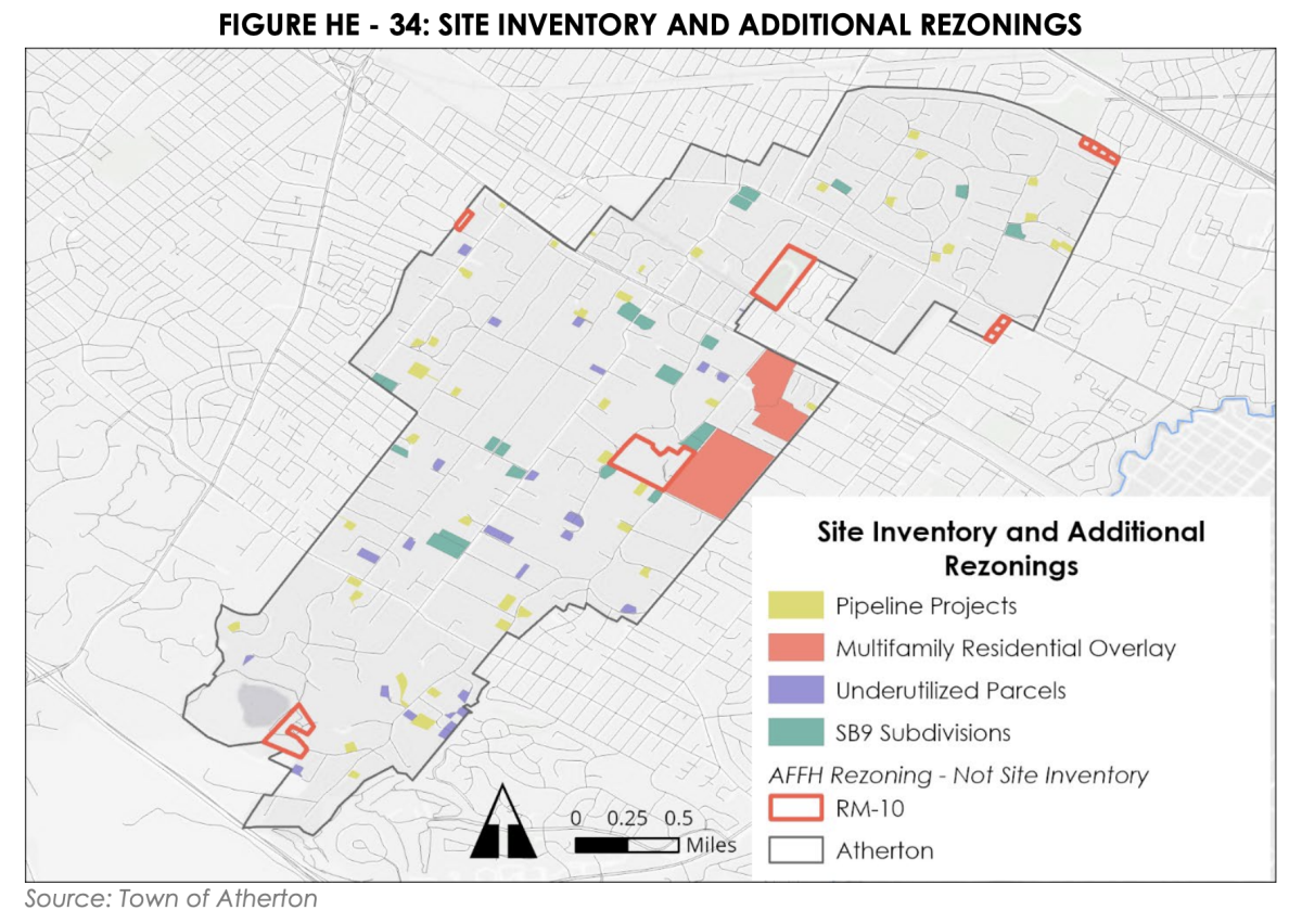 This map, included in Atherton’s housing element, shows the city’s planned housing units and
proposed zoning changes. Image courtesy of the Town of Atherton