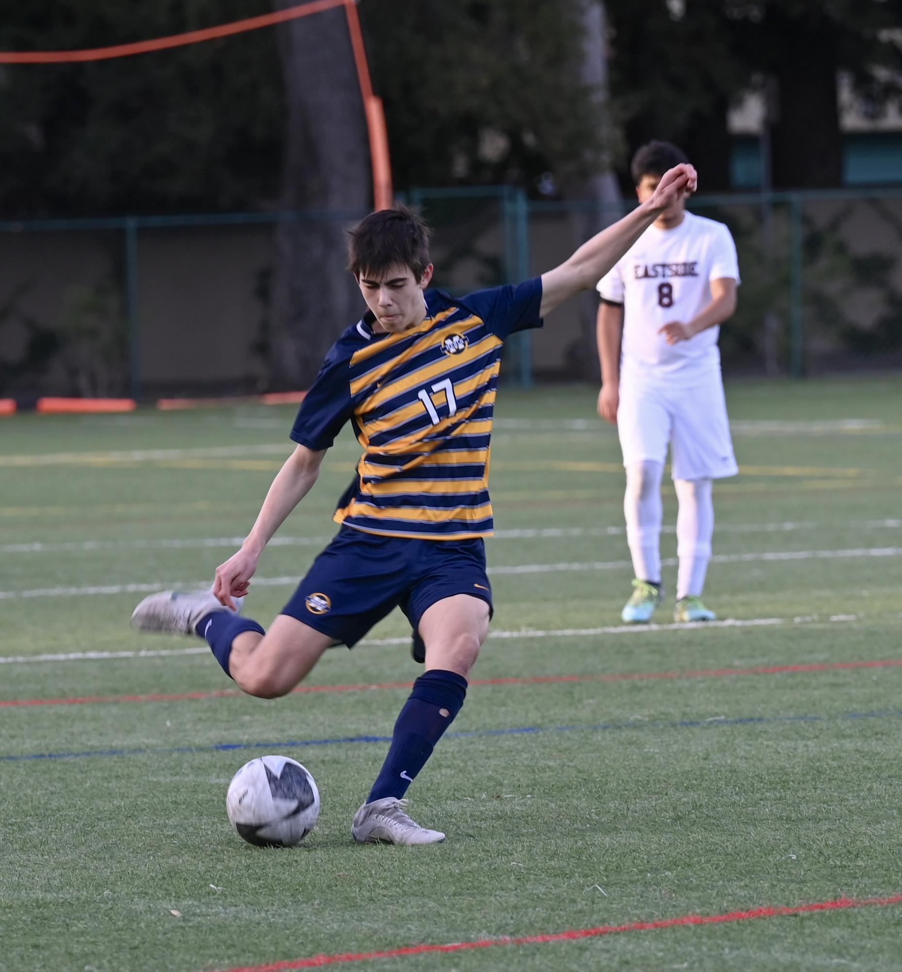 Junior Declan Sitter shoots the ball during the 2024 season. Photo sourced via Menlo's Flickr page