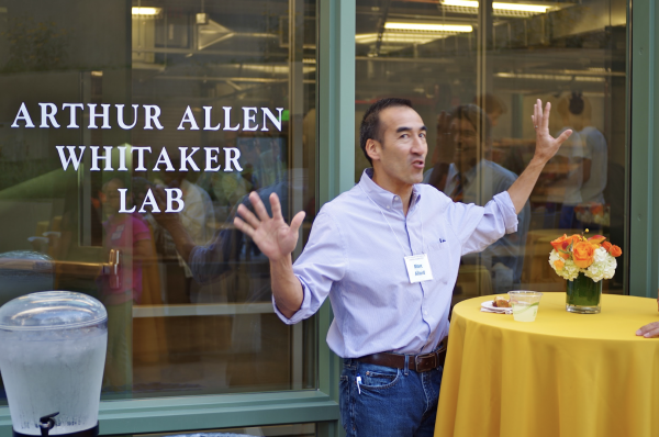 Former science teacher Marc Allard speaks at the 2012 opening of the Whitaker Lab. Photo courtesy
of Bianca Nakayama on Menlo Flickr